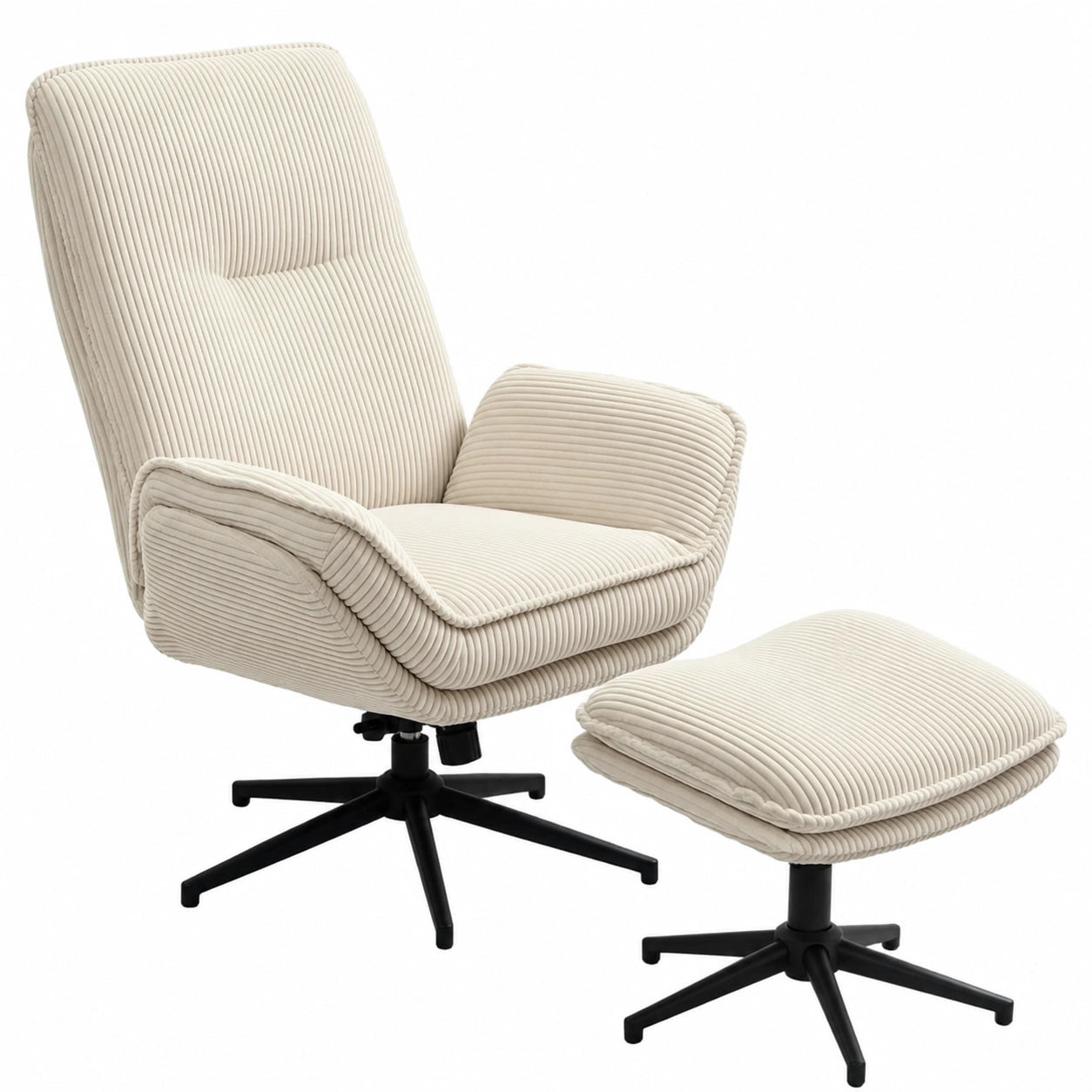 Fauteuil relax, pivotant, rembourré, en velours côtelé, coloris beige, pour le salon