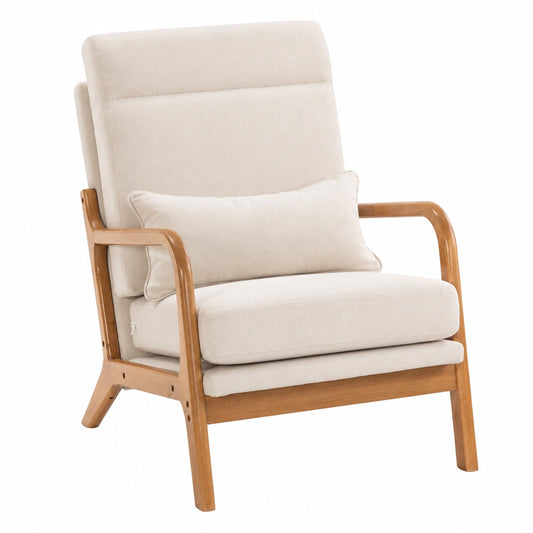 Fauteuil, rembourré, en bois massif et lin, coloris crème, pour le salon ou la chambre