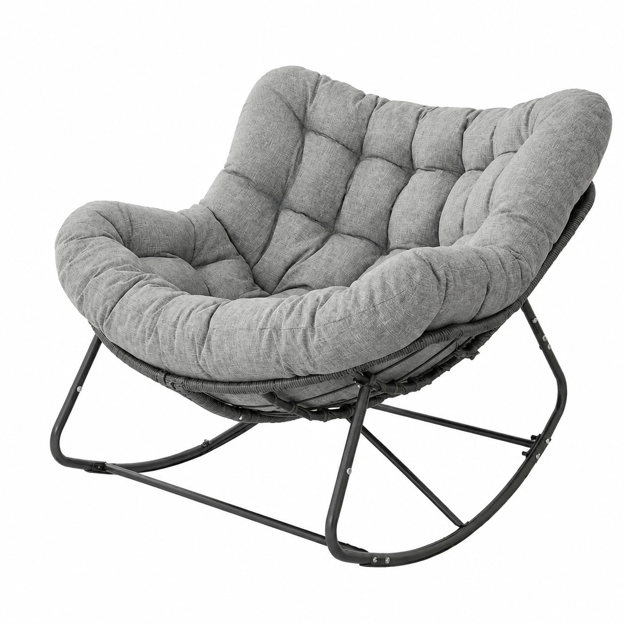 Fauteuil, en métal et résine tressée, rembourré, coloris gris, pour le salon ou la chambre